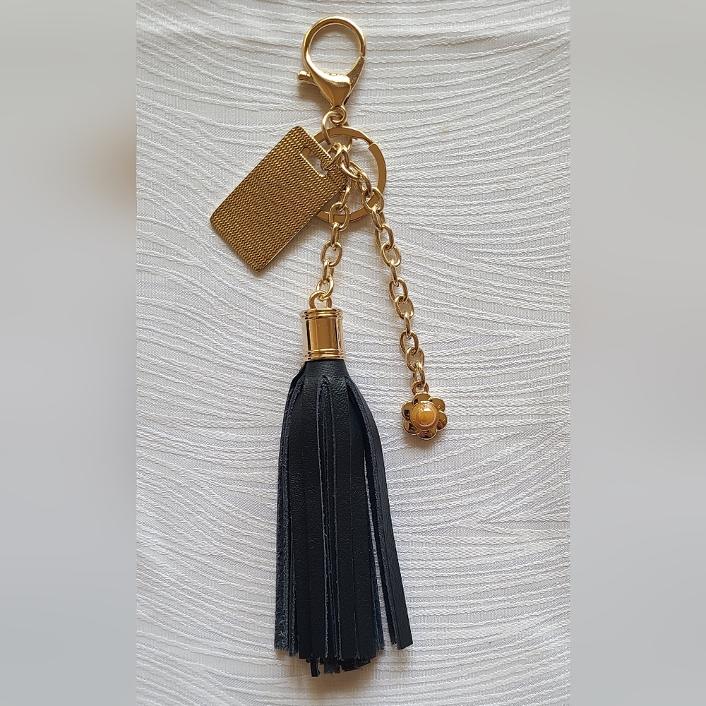 Navy and Gold Leather Tassel Keychain Bag Charm